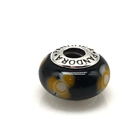 Pandora Retired Black Yellow Flowers For You Floral Murano Glass Bead Charm - Picture 4 of 5